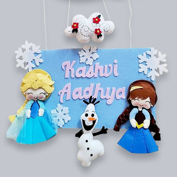 Personalized Anna And Elsa Theme Felt Kids Name Plate For Siblings - Front View with Name Personalization