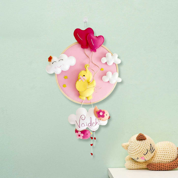 Personalized Yellow Elephant Theme Felt Hoop Name Plate - Front View Hanging on Wall