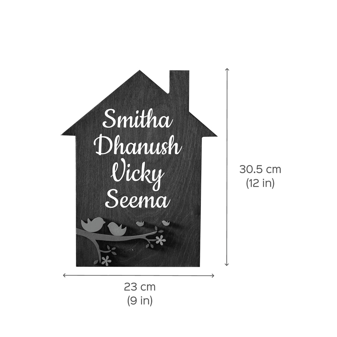 House Shaped Name Plate For Family - Front View with Dimensions