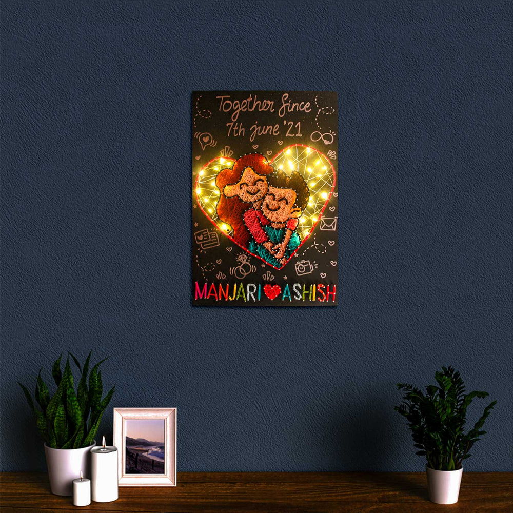 Personalized String Art Hug Of Love Light Mdf Wood Name Plate - Mounted on Wall with Lights On