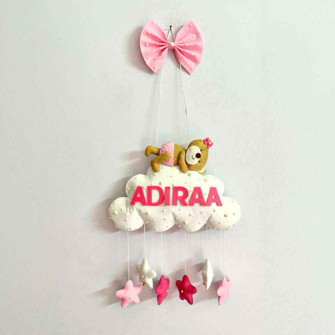 Personalized Handmade Teddy On Cloud Theme Felt Kids Name Plate