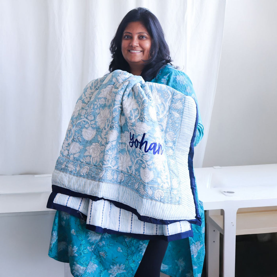 Personalized Handmade Block Printed Floral Baby Cotton Quilt