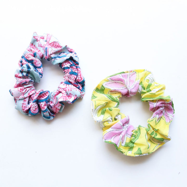 Set Of 10 | Assorted Handmade Block Printed Soft & Stretchy Cotton Scrunchies