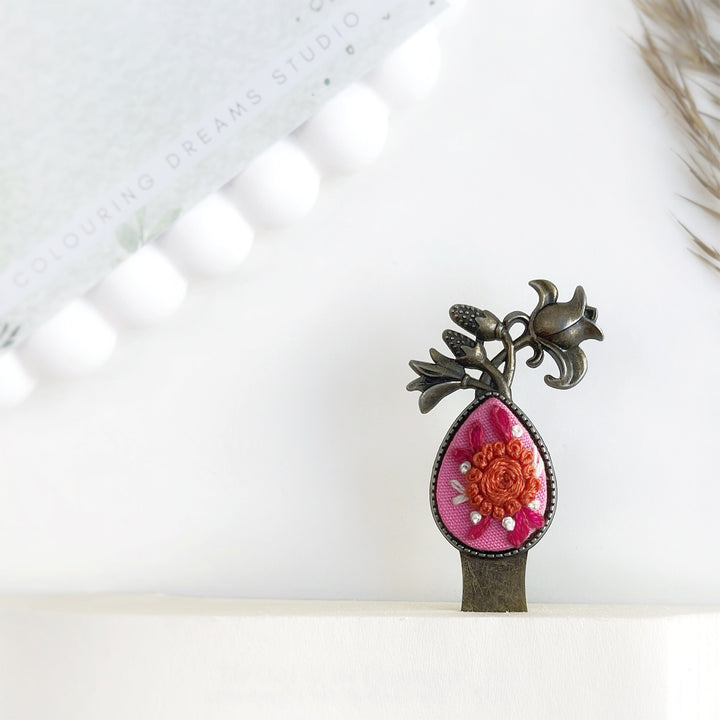 Hand Embroidered Flora Fluff Bronze Bookmark