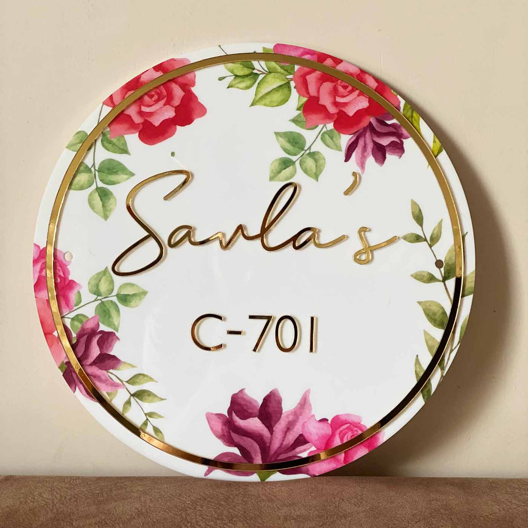 Personalised Pink Floral Round Acrylic Nameplate - Front View with Name Personalization