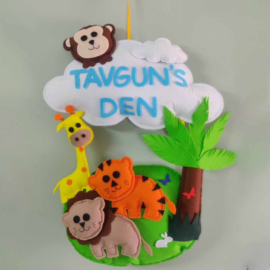 Personalized Handmade Jungle Theme Felt Kids Name Plate - Front View Hanging Name Personalization