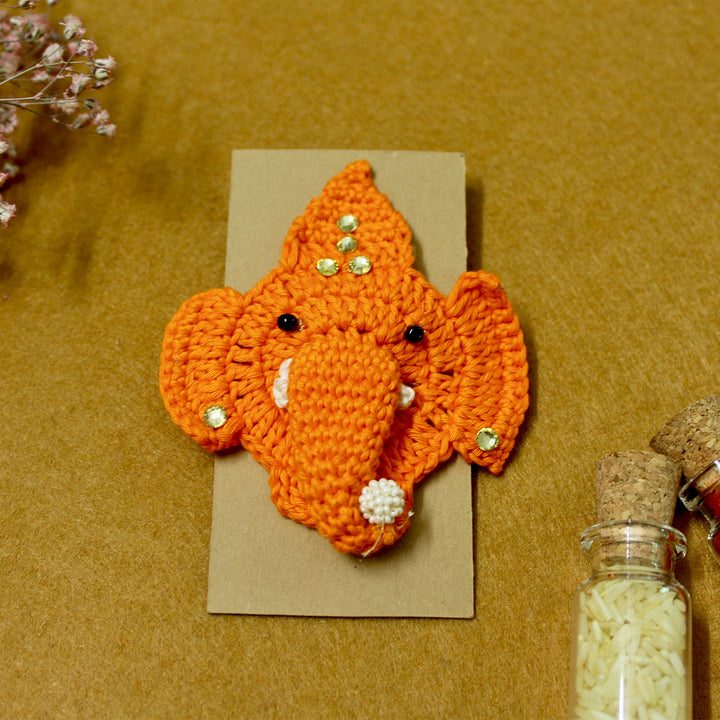 Handmade Crochet Ganpati Bappa Theme Rakhi With Roli Chawal