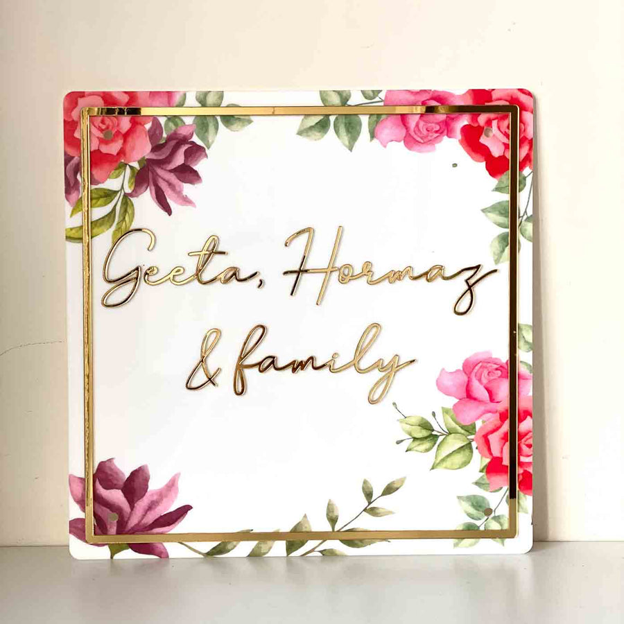 Personalised Pink Floral Square Acrylic Nameplate - Front View with Name Personalization