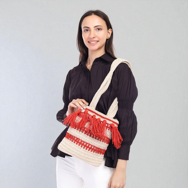 Handmade Crochet Red & White Tasseled Shoulder Bag