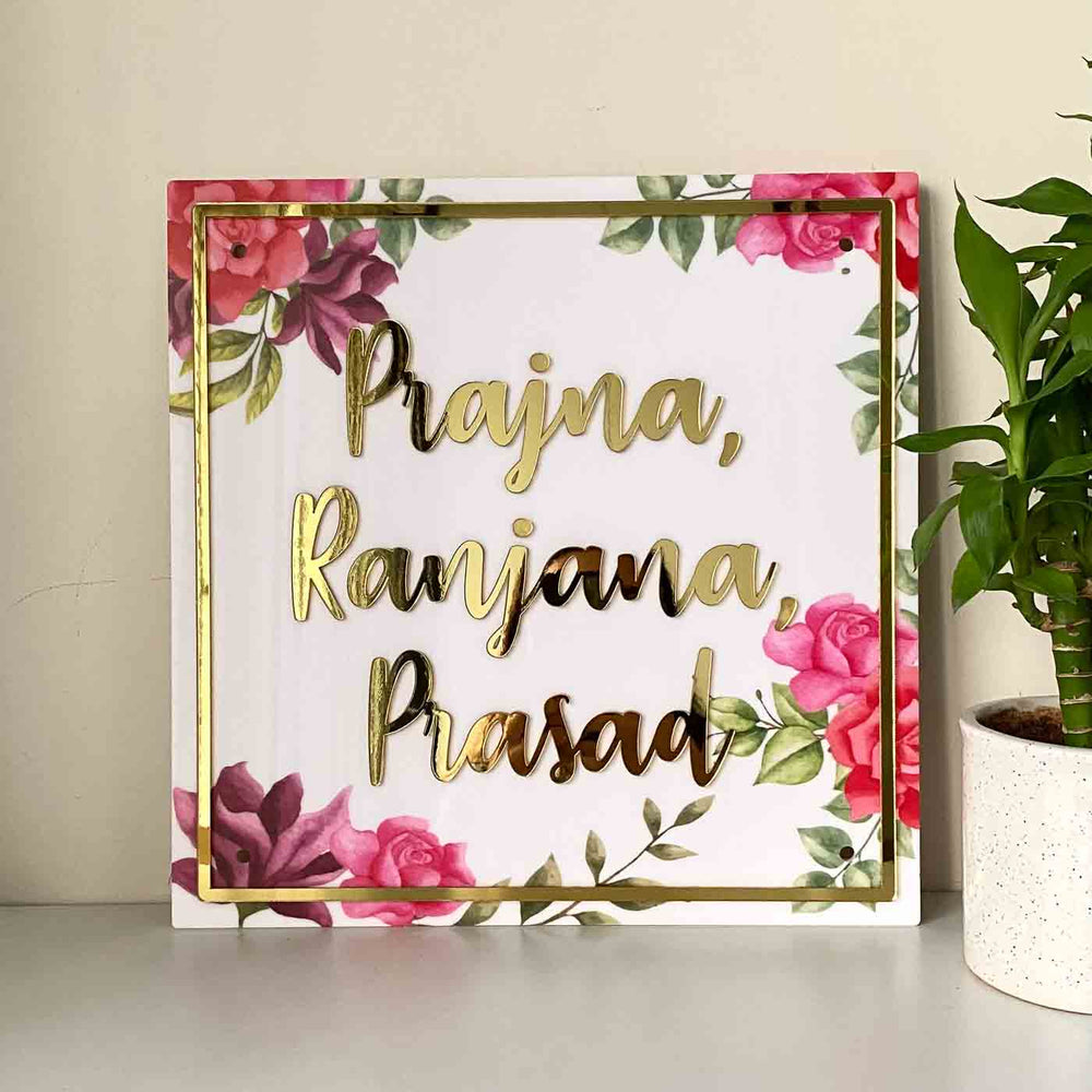 Personalised Pink Floral Square Acrylic Nameplate - Name Personalization Example Front View