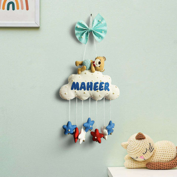 Personalized Handmade Teddy On Cloud Theme Felt Kids Name Plate