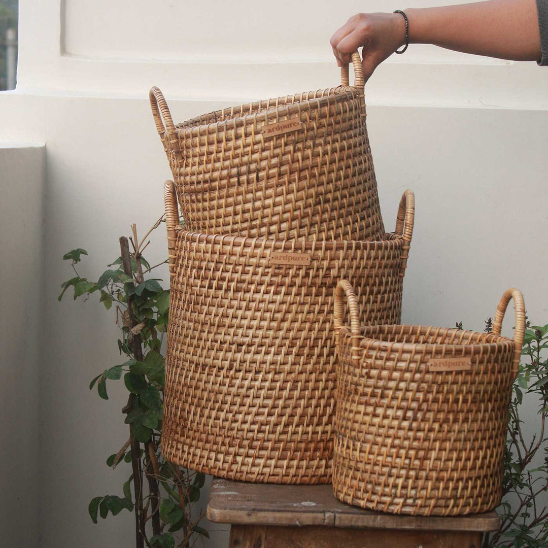 Handmade Rattan Cane Planter with Handles | Set Of 3