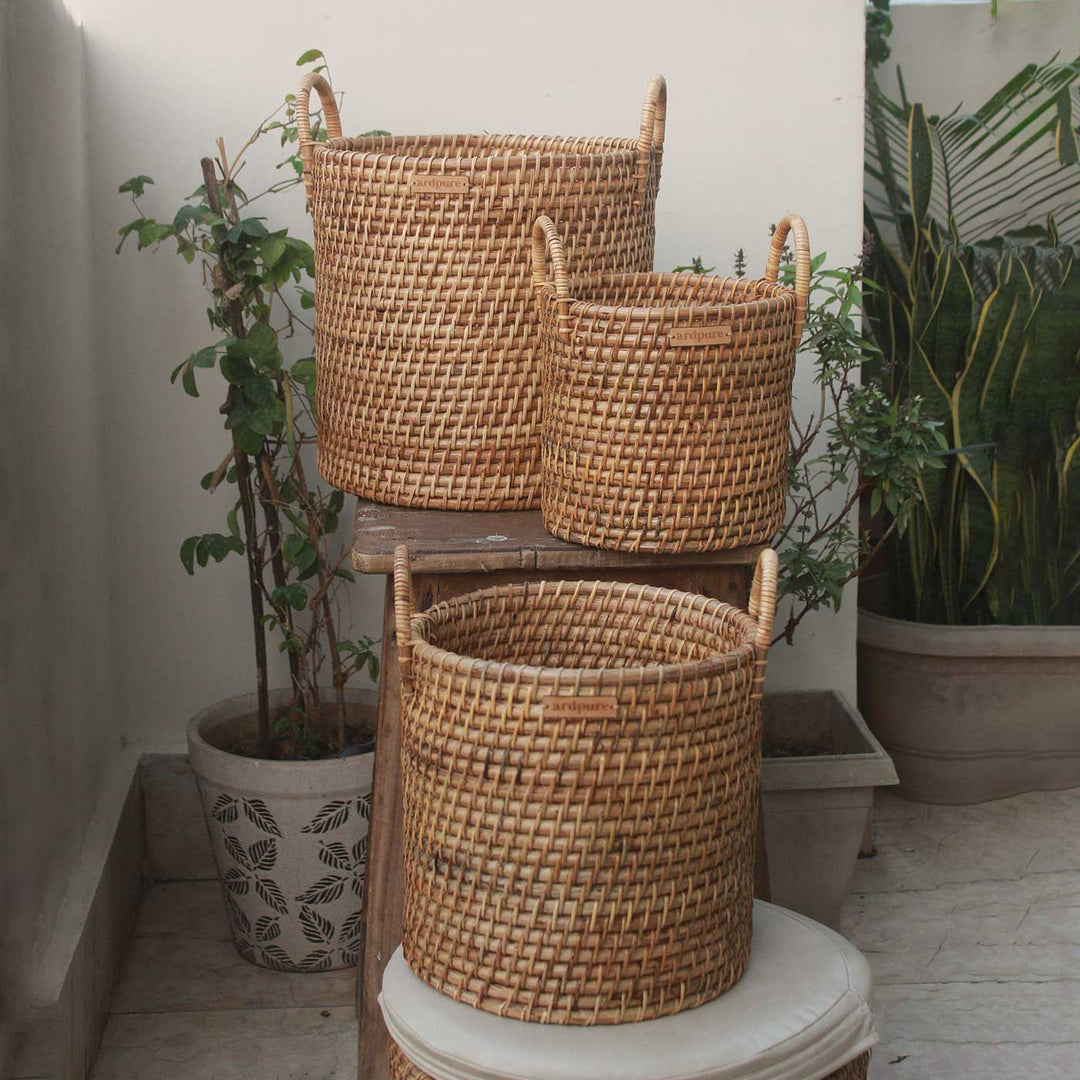 Handmade Rattan Cane Planter with Handles | Set Of 3