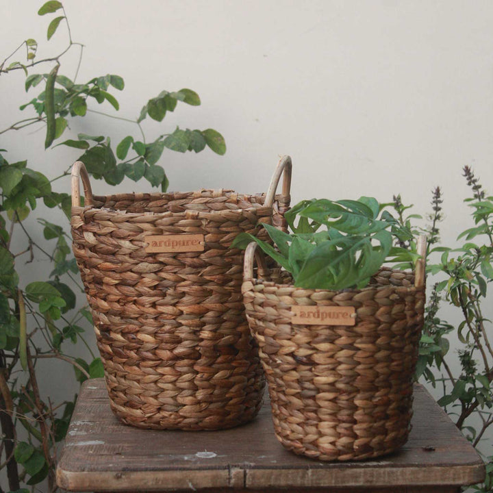Handmade Wicker Water Hyacinth Planter Pot with Handles | Set Of 2