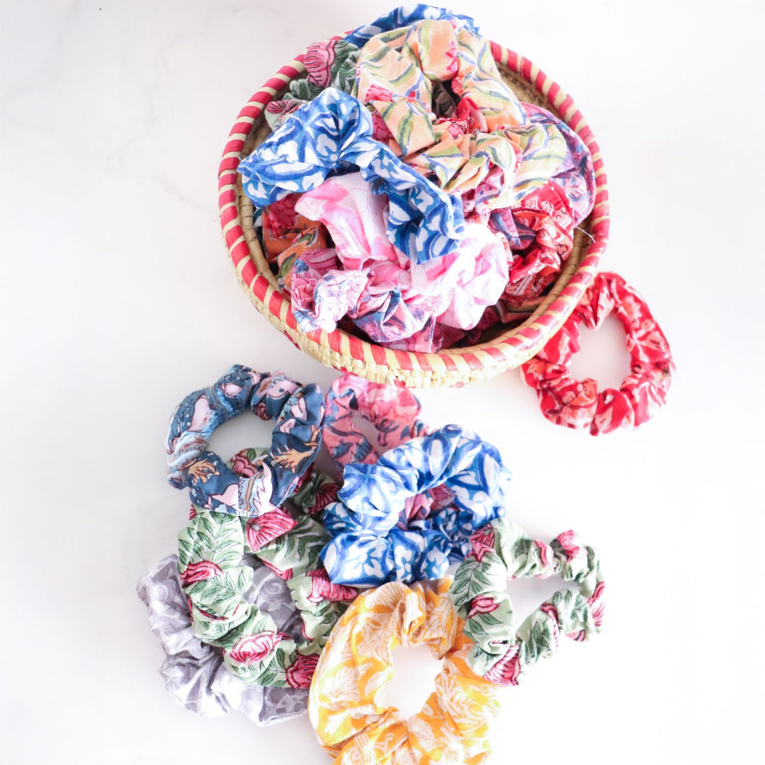 Set Of 10 | Assorted Handmade Block Printed Soft & Stretchy Cotton Scrunchies