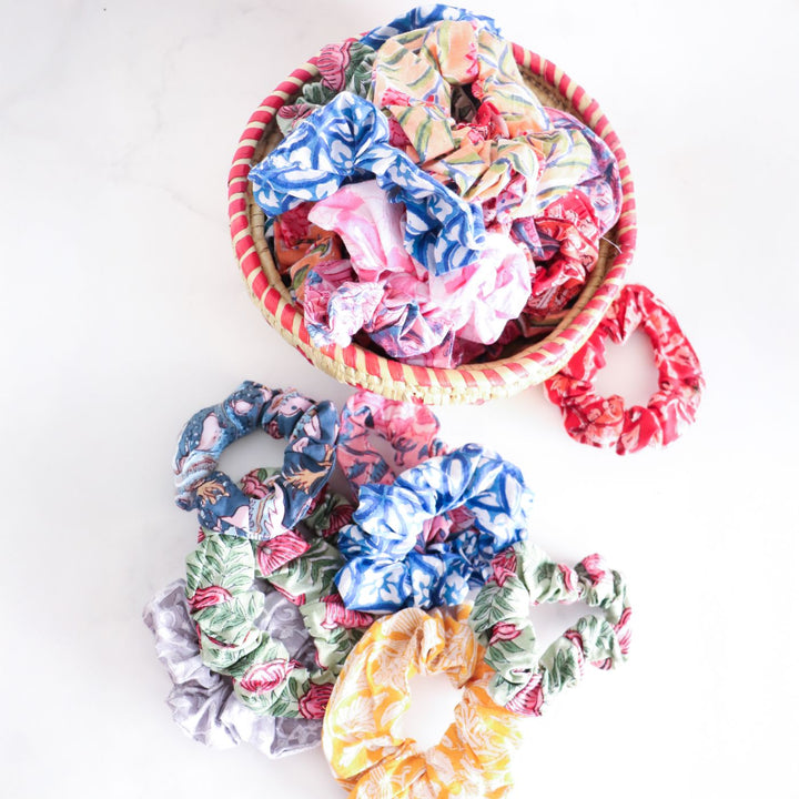 Set Of 10 | Assorted Handmade Block Printed Soft & Stretchy Cotton Scrunchies