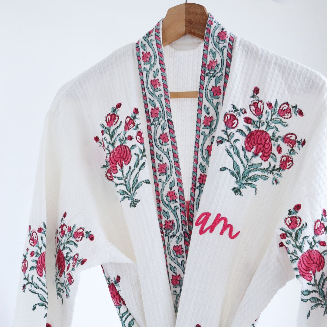 Personalized Handmade Block Printed Pink Floral Cotton Bath Robes