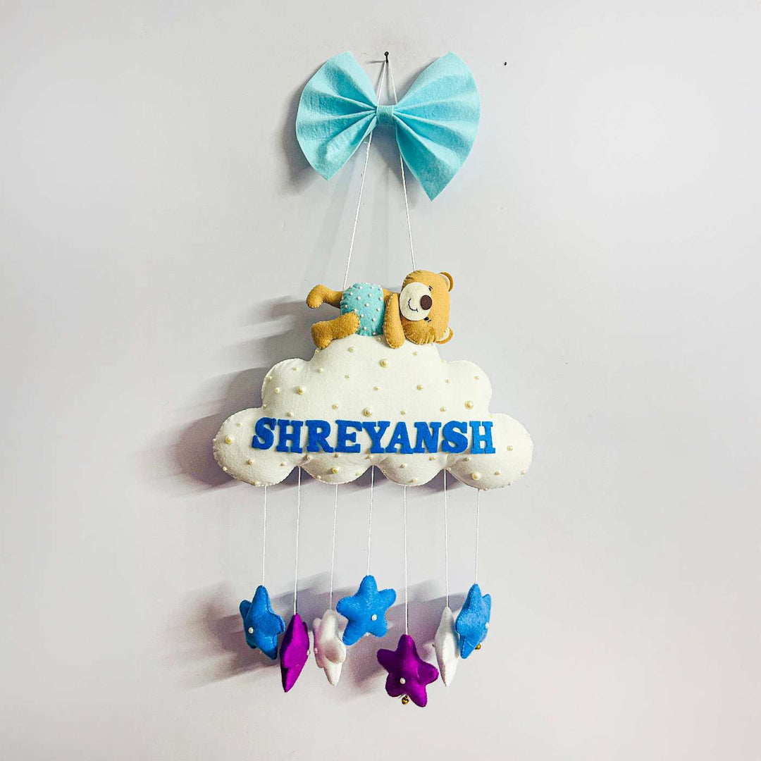 Personalized Handmade Teddy On Cloud Theme Felt Kids Name Plate