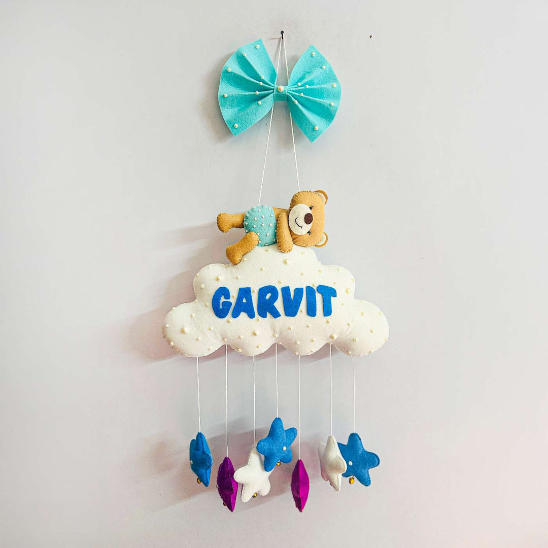 Personalized Handmade Teddy On Cloud Theme Felt Kids Name Plate