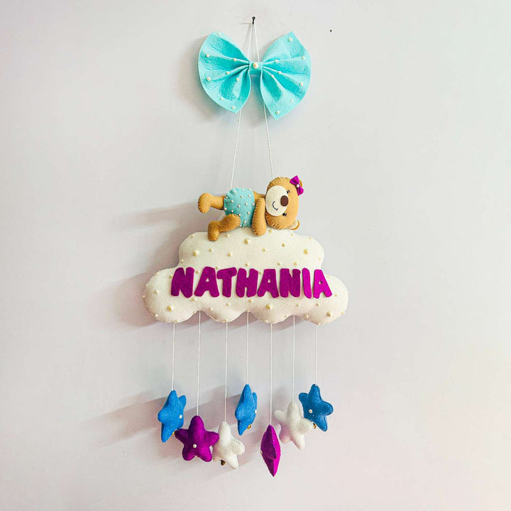 Personalized Handmade Teddy On Cloud Theme Felt Kids Name Plate
