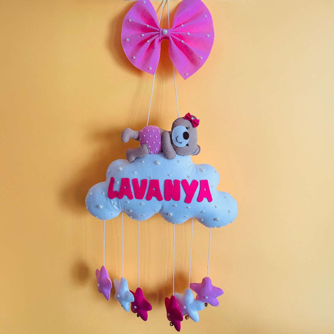 Personalized Handmade Teddy On Cloud Theme Felt Kids Name Plate