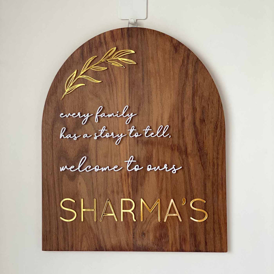 Minimal Arched Wooden Name Plate With 3D Acrylic Letters - Hanging Display Front View
