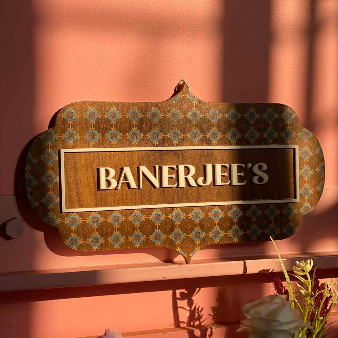 Vintage Wooden Name Plate With 3D Acrylic Letters - Front View Hanging on Wall