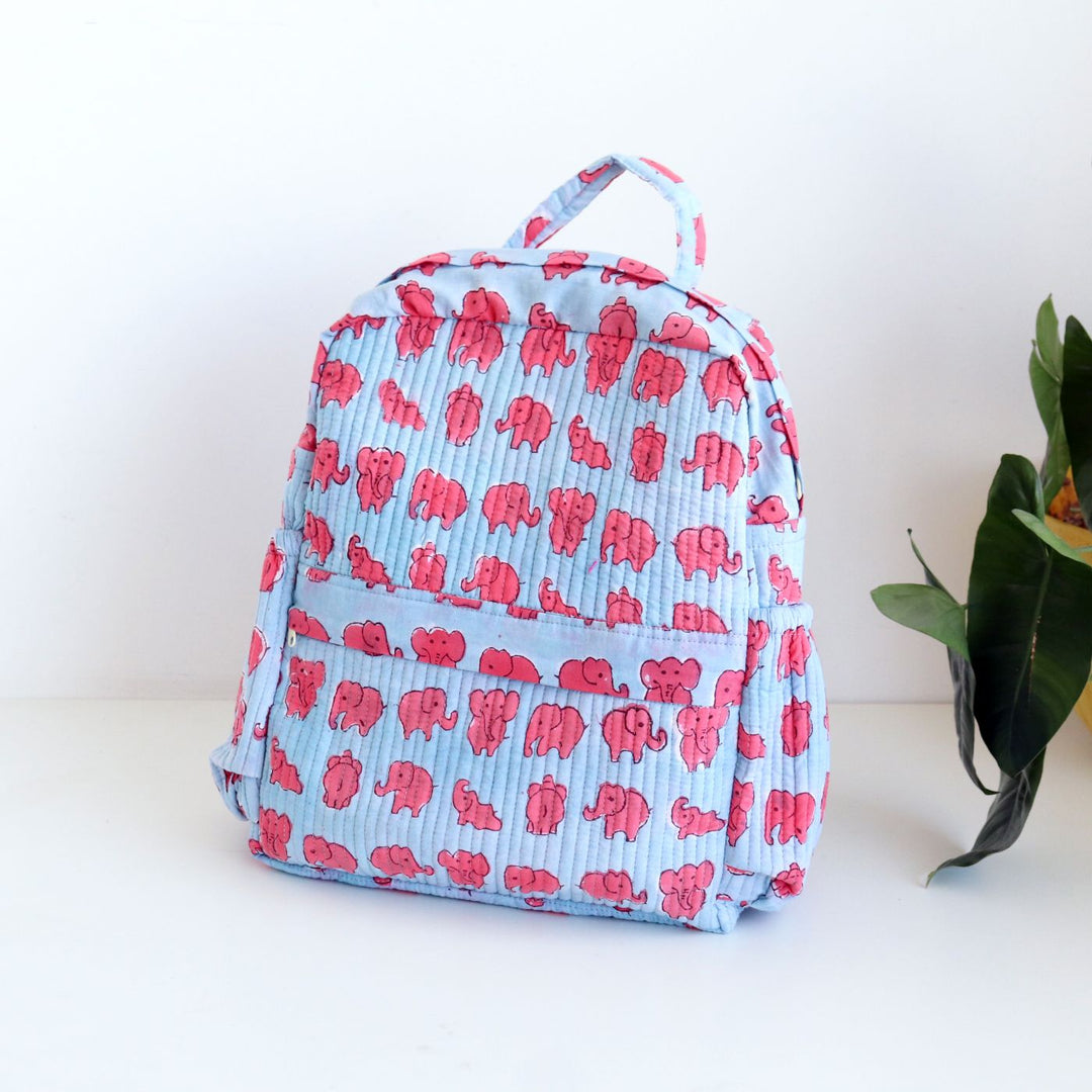 Personalized Handmade Printed Cute Elephant Theme Cotton Backpack | 14 x 11 Inch