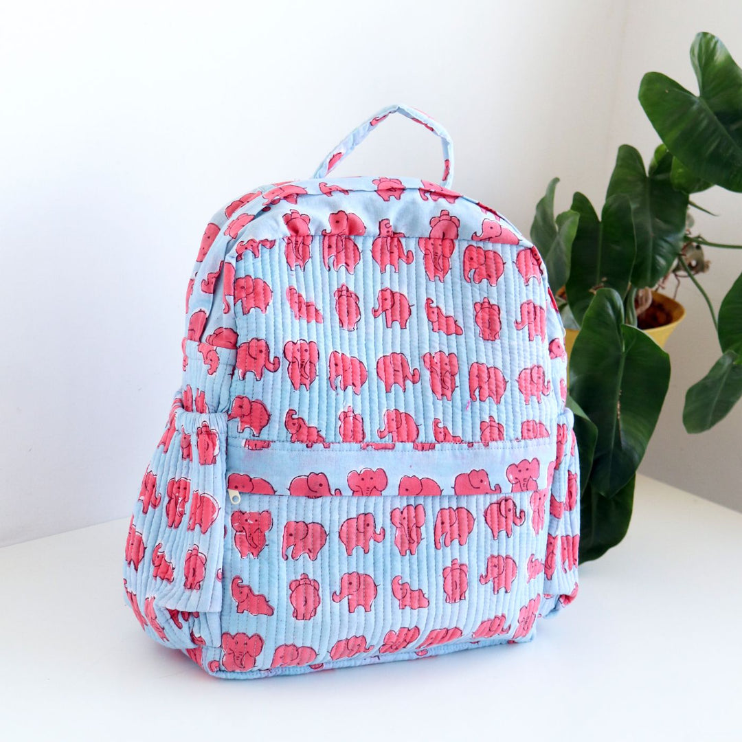 Personalized Handmade Printed Cute Elephant Theme Cotton Backpack | 14 x 11 Inch
