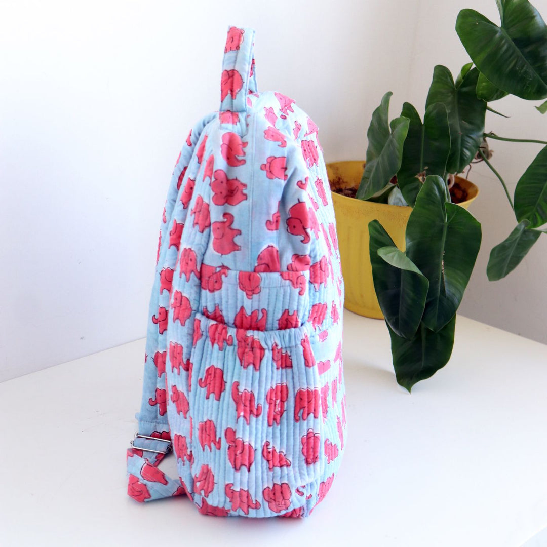 Personalized Handmade Printed Cute Elephant Theme Cotton Backpack | 14 x 11 Inch