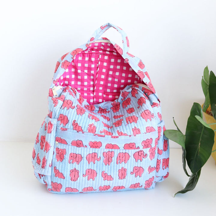 Personalized Handmade Printed Cute Elephant Theme Cotton Backpack | 14 x 11 Inch