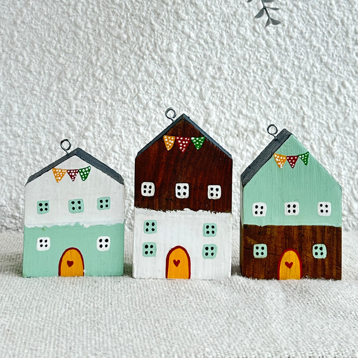 3 pc | Mint & White Handcrafted Miniature Wooden Houses