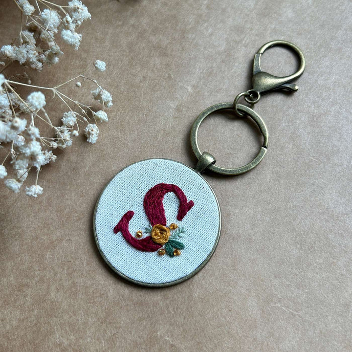 Personalized Handmade Embroidered Monogram And Flowers Metal Keychain