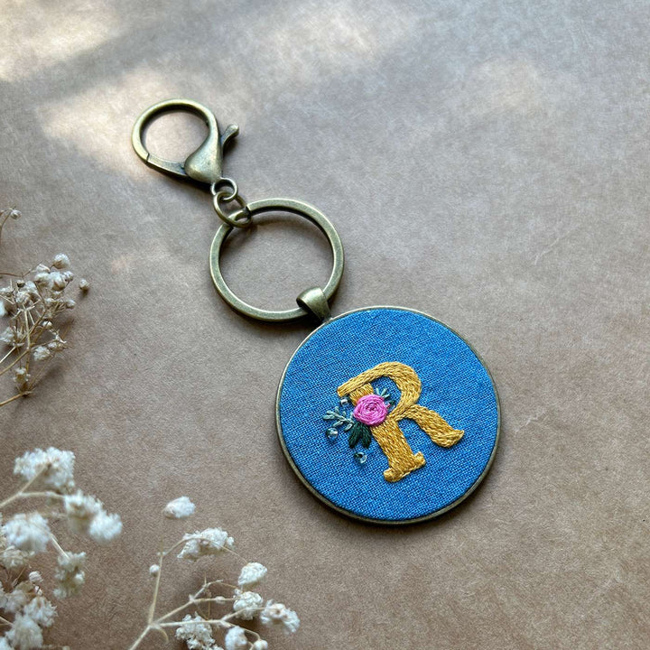 Personalized Handmade Embroidered Monogram And Flowers Metal Keychain