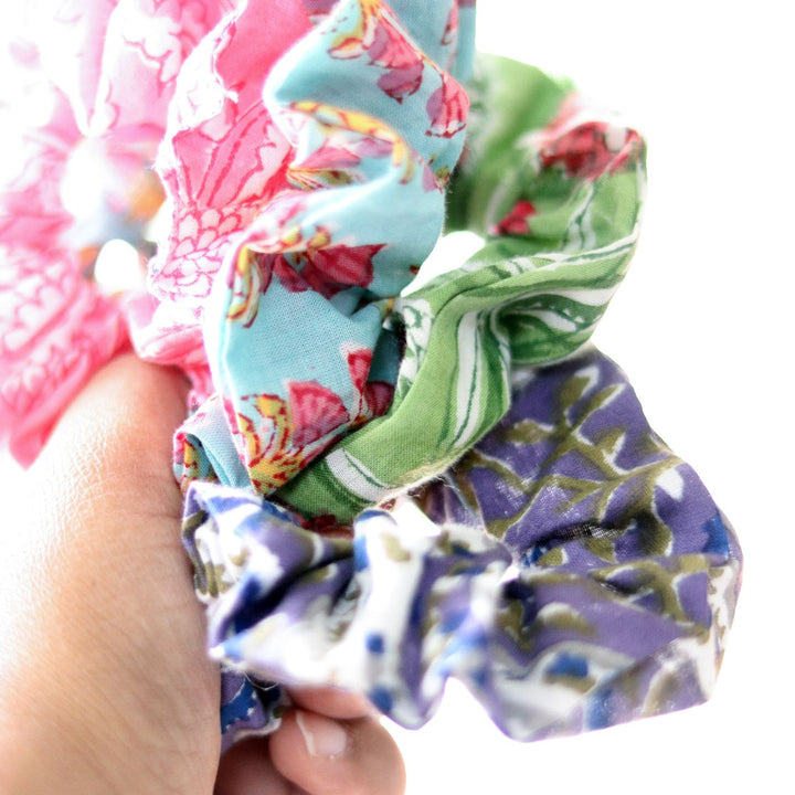 Set Of 10 | Assorted Handmade Block Printed Soft & Stretchy Cotton Scrunchies