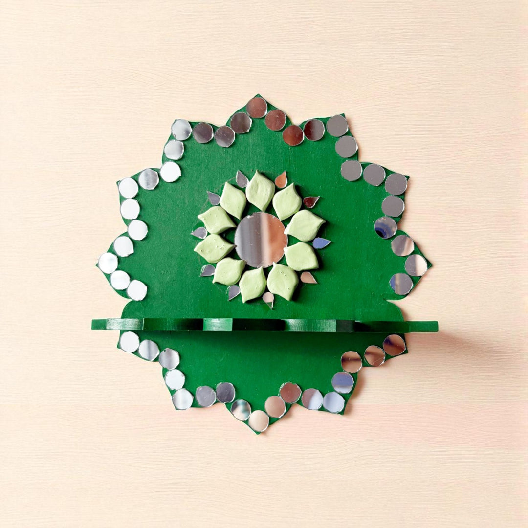 Hand-Painted Mirror Work Green Shimmer MDF Wood Tealight Holder
