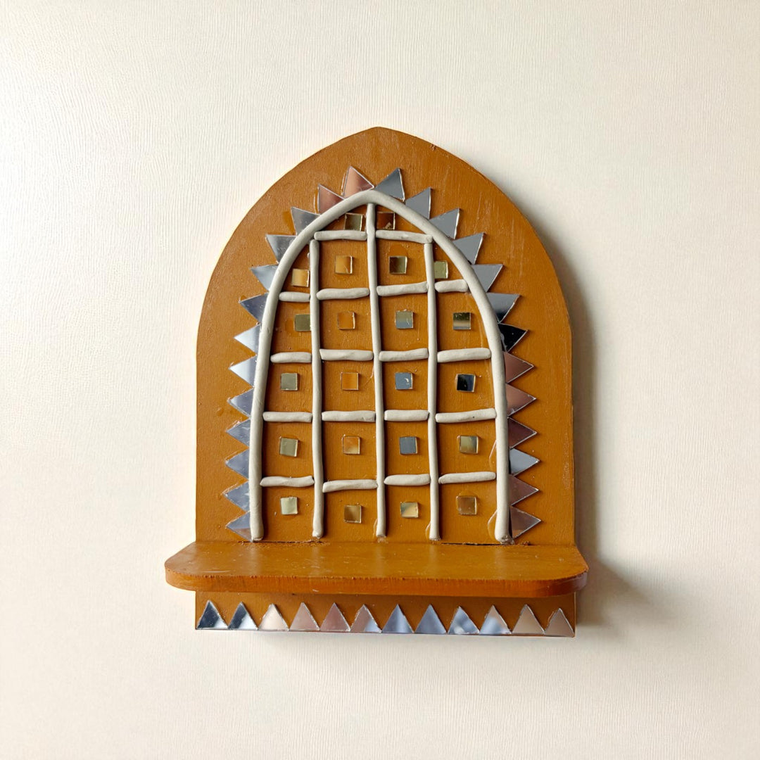 Hand-Painted Mirror Work Jharokha MDF Wood Tealight Holder