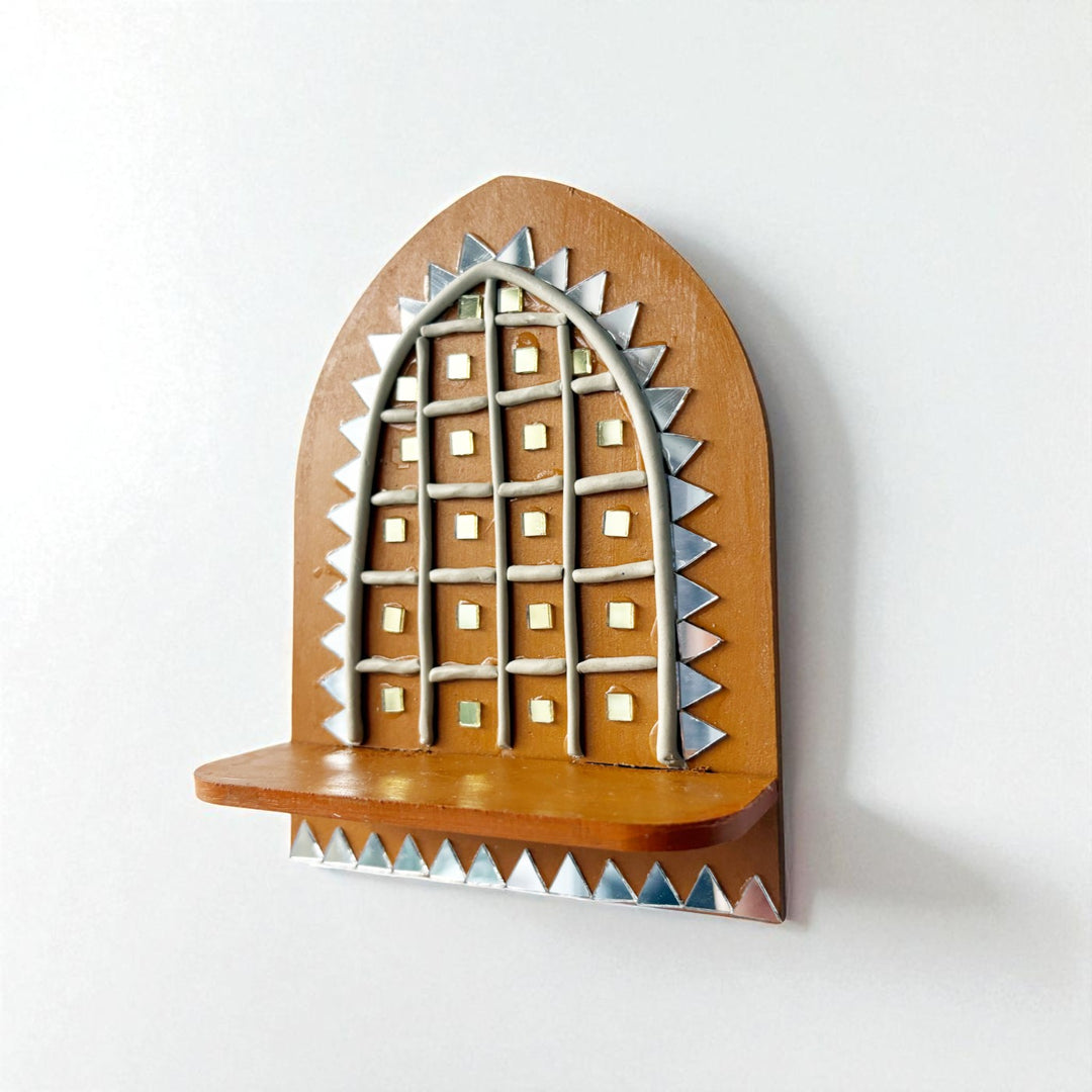 Hand-Painted Mirror Work Jharokha MDF Wood Tealight Holder