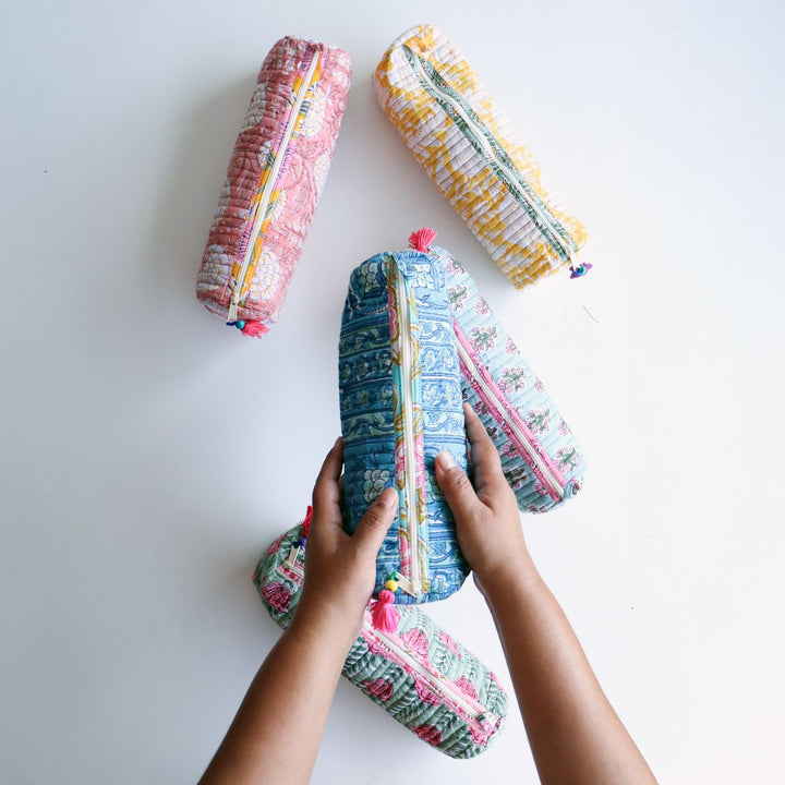 Assorted Handmade Block Printed Pom - Pom Zip Pull Cotton Pencil Pouch | Set Of 5 | 8 x 3 Inch