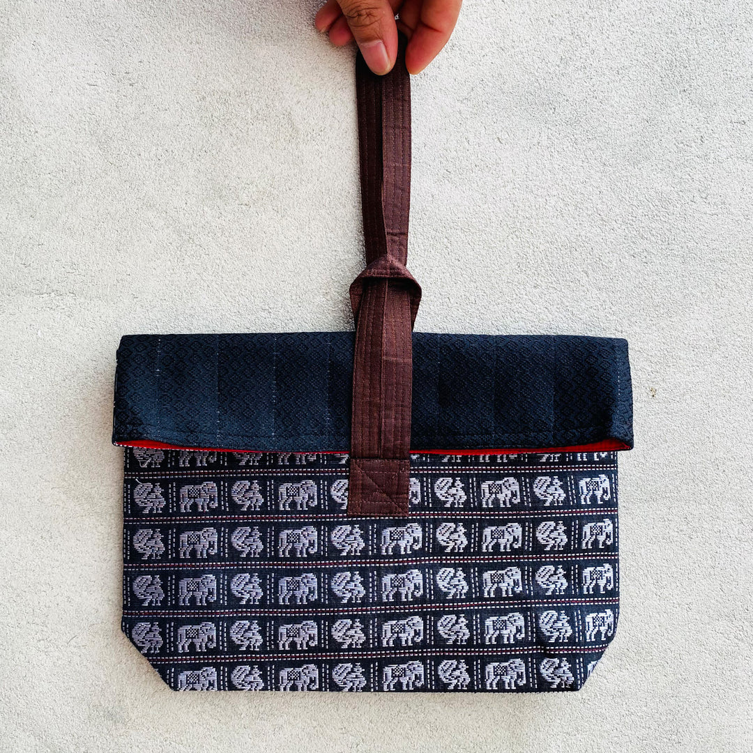 Handmade Black Elephant & Peacock Motif Khunn Fabric Cotton Wrist Purse
