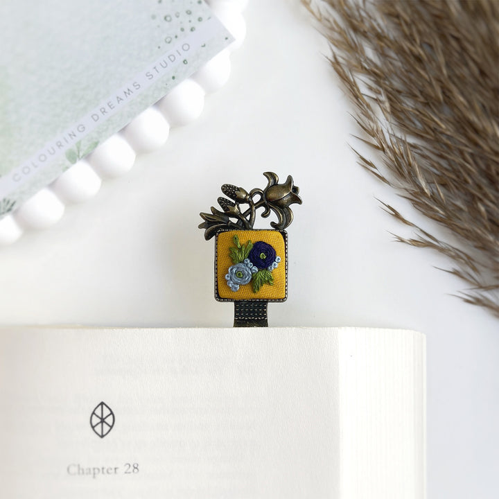 Hand Embroidered Indigo Fleur Bronze Bookmark