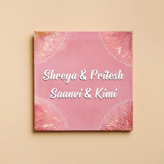 Personalized Pink Elegance Mdf Wood Name Plate - Front View on Wall Background