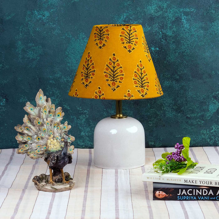 Kalamkari Mustard Block Print Cone & Blue Pottery Lamp