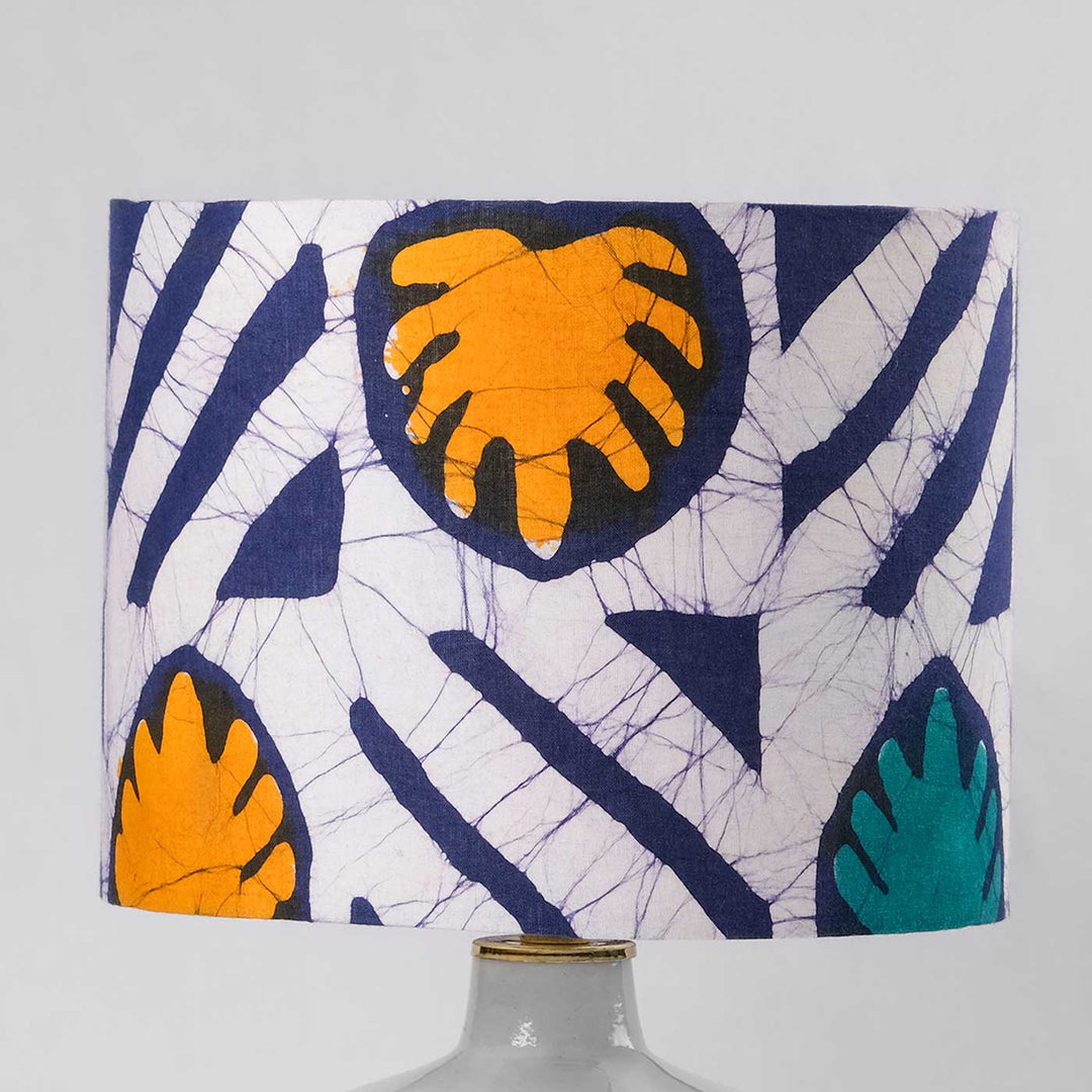 Batik Drum Shade & Blue Pottery Lamp