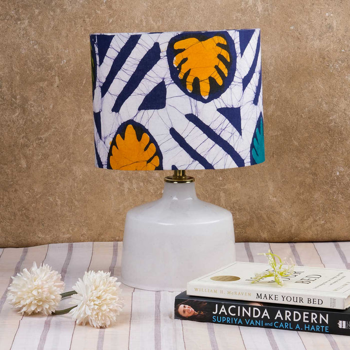 Batik Drum Shade & Blue Pottery Lamp