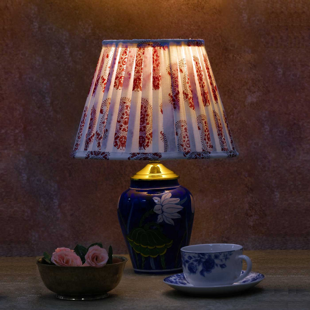 Paisley Block Print Pleated Fabric & Blue Pottery Lamp