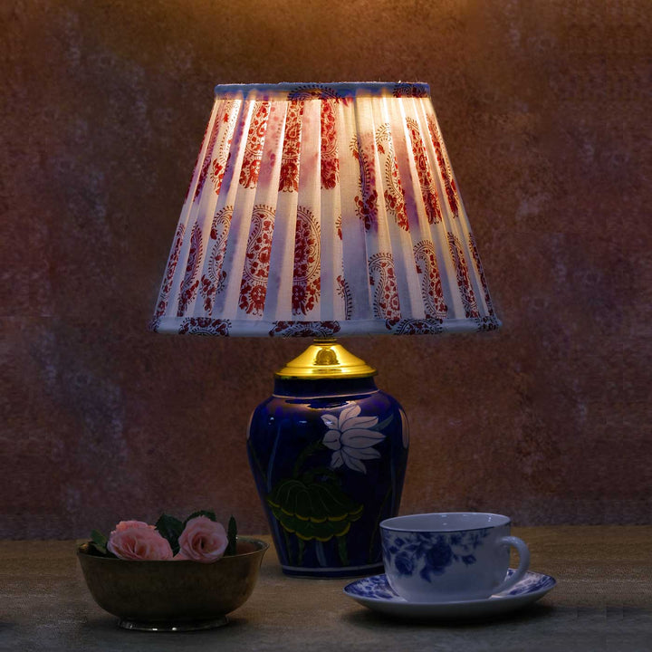 Paisley Block Print Pleated Fabric & Blue Pottery Lamp