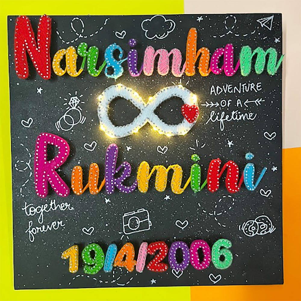Personalized String Art Infinite Bond Mdf Wood Name Plate For Couples - Front View with Lighted Decoration