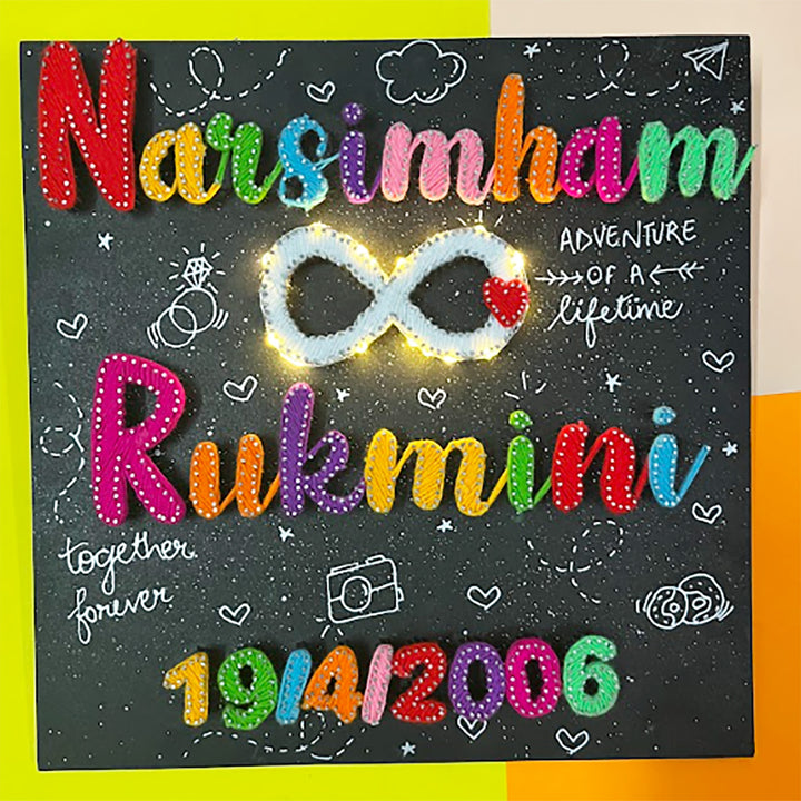 Personalized String Art Infinite Bond Mdf Wood Name Plate For Couples - Front View with Lighted Decoration