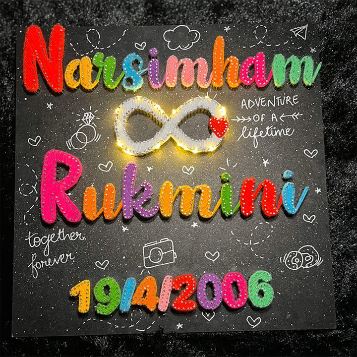 Personalized String Art Infinite Bond Mdf Wood Name Plate For Couples - Front View with Decorative Background